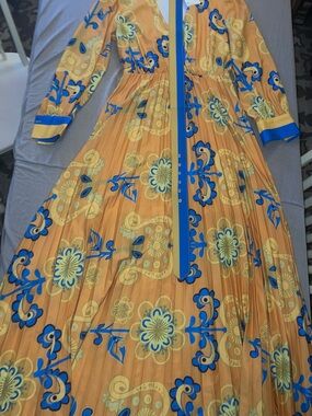 Yellow Floral Pleated Maxi Dress with Blue Accents
